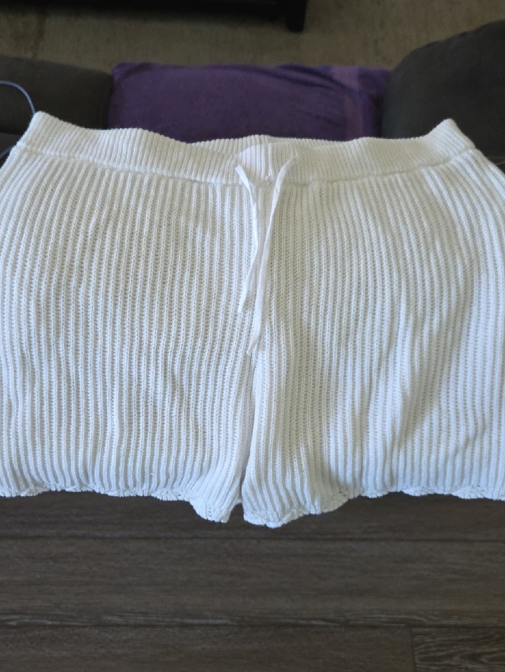 White Ribbed Knit Women’s Sweater Shorts - Casual Drawstring